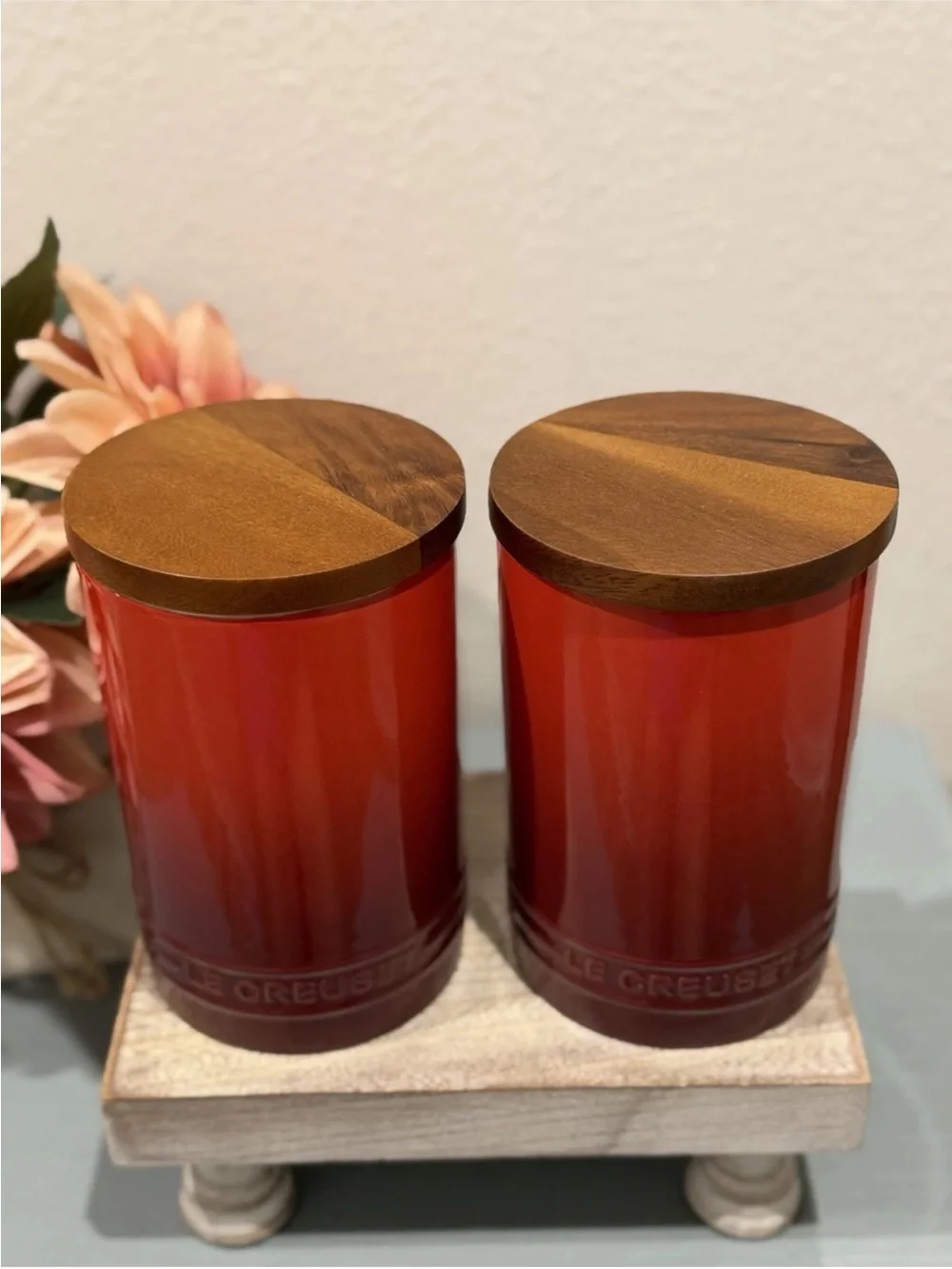Le Creuset CERISE Stoneware Signature Storage Canister Wood Lid 26oz / 770ml Set